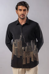 Midnight Skyline Gold Embroidered Shirt