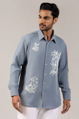 Scattered Muse — Steel Blue Patch Embroidery Shirt