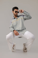 Crescent Over the Palms — Colour Block Satin Shirt with Gold Embroidery