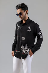 Black Shirt with Scattered White Embroidery and Red Script Detail