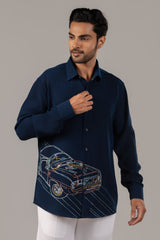Petrol Blue Shirt with Neon Muscle Car Embroidery