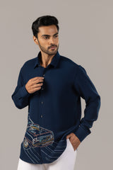 Petrol Blue Shirt with Neon Muscle Car Embroidery