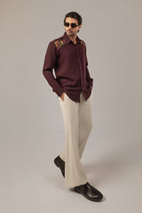 Burgundy Diamond-Weave Shirt with Paisley Shoulder Embroidery Panel