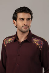 Burgundy Diamond-Weave Shirt with Paisley Shoulder Embroidery Panel