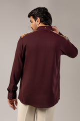 Burgundy Diamond-Weave Shirt with Paisley Shoulder Embroidery Panel