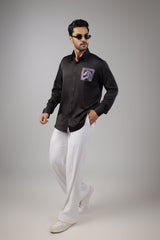 Black Satin Framed Horse Portrait Wave Back Embroidered Shirt