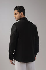 All Black Tonal Diamond Lattice Shoulder Embroidered Shirt