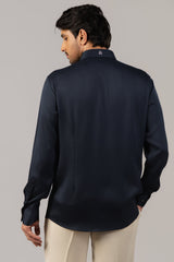 Midnight Navy Satin Diagonal Wild Botanical Embroidered Shirt