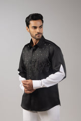 Black Satin White Sleeve Starry Forest Embroidered Shirt