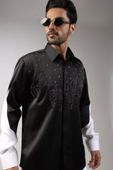 Black Satin White Sleeve Starry Forest Embroidered Shirt