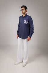 Navy Blue Stag Crest Laurel Embroidered Shirt