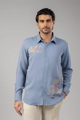 Slate Blue Rajasthani Horseman Folk Art Embroidered Shirt