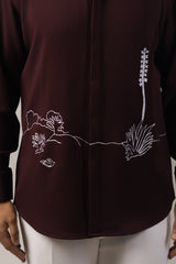Deep Burgundy Textured Nature Landscape Embroidered Shirt