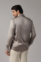 Silver Grey Satin Diamond Grid Embroidered Shirt