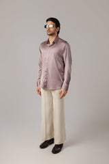 Mauve Satin Geometric Pintuck Embroidered Shirt