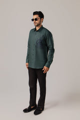 Set Sail in Forest Green — Tonal Ship Embroidered Shirt