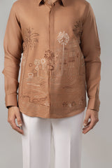 The Oasis Shirt — Camel Tropical Embroidered