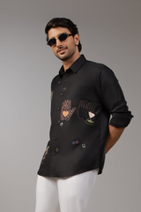 Black Shirt with Scattered Mystic Symbol Embroidery in Multicolour Thread
