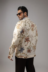 Cream Watercolour Botanical Print Shirt Sacket with Wide Lapel