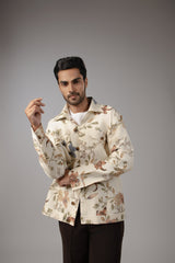Cream Watercolour Botanical Print Shirt Sacket with Wide Lapel