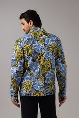 Tropical Bloom Full-Print Sacket in Blue Hibiscus and Gold Foliage