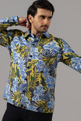 Tropical Bloom Full-Print Sacket in Blue Hibiscus and Gold Foliage