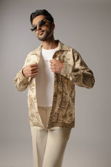 Ivory Jacobean Floral Structured Sacket with Pointed Collar and Flap Pockets