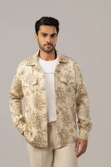 Ivory Jacobean Floral Structured Sacket with Pointed Collar and Flap Pockets
