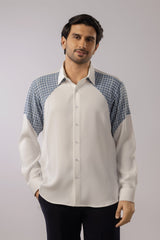 Off-White Shirt with Slate Blue Geometric Shoulder and Sleeve Panels