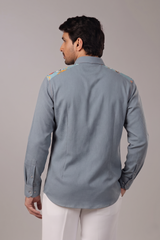 Steel Blue Textured Printed Yoke Panel Shirt