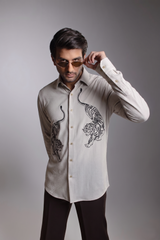 Stone Grey Dual Tiger Embroidered Textured Shirt