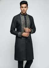 Opulent Black Kurta Set with Chest and Cuff Embellishment