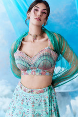 Teal Ombré Ocean Couture Bridal Lehenga - blouse and dupatta close up