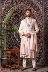 Pink Slub Silk Sherwani Set