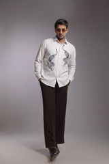 Stone Grey Dual Tiger Embroidered Textured Shirt