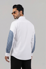 White Navy Grid Panel Contrast Sleeve Shirt