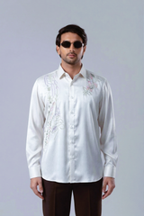 Pearl White Satin Scattered Floral Vine Embroidered Shirt