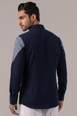 Navy Geo Print Raglan Panel Contrast Sleeve Shirt