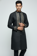 Opulent Black Kurta Set with Chest and Cuff Embellishment