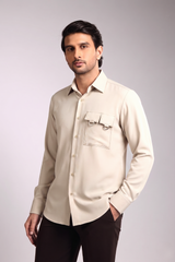 Sand Beige Utility Pocket Desert Back Embroidered Shirt