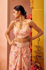 Pastel Pink Jeweled Pre-Draped Saree Set