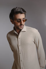 Cream All-Over Vertical Wave Pintuck Textured Shirt