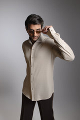 Cream All-Over Vertical Wave Pintuck Textured Shirt