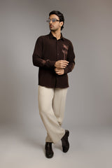 Rooted in Espresso — Botanical Line Embroidered Shirt