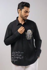 Phases — Moonrise Beadwork Embroidered Black Shirt with Cursive Quote