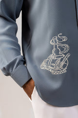 Scattered Muse — Steel Blue Patch Embroidery Shirt