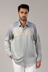 Crescent Over the Palms — Colour Block Satin Shirt with Gold Embroidery