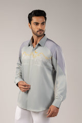 Crescent Over the Palms — Colour Block Satin Shirt with Gold Embroidery