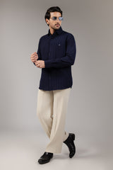 Midnight Navy Tonal Pinstripe Shirt with Monogram Chest Detail