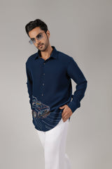 Petrol Blue Shirt with Neon Muscle Car Embroidery